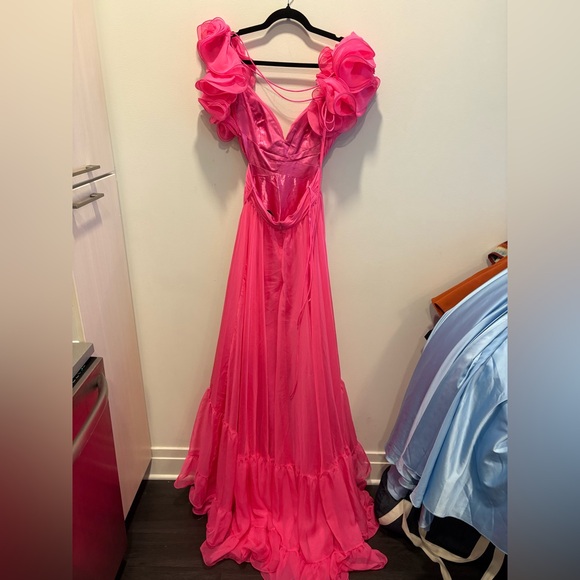 Mac Duggal Vibrant Fuchsia Ruffled Sleeve Maxi Gown - Picture 4 of 6
